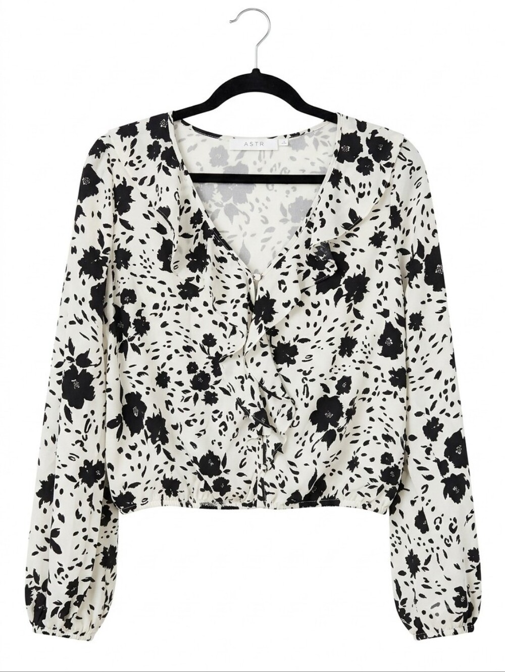 Astr The Label Black and White Floral Ruffle V-Neck Blouse Size Large